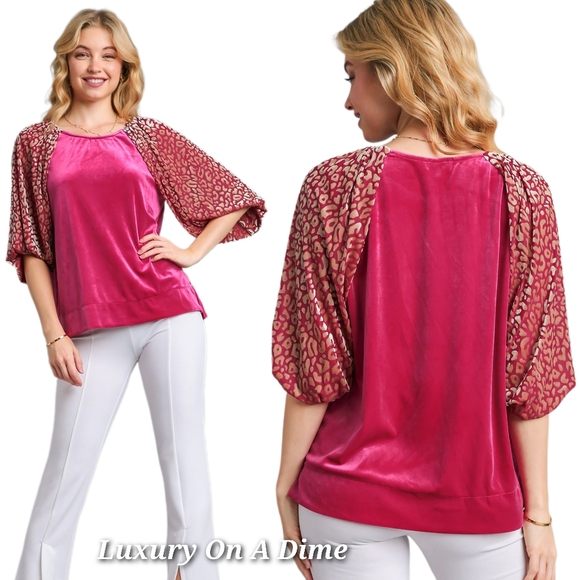 Umgee Leopard Velvet Sheer Balloon Half Sleeve Shirt Split Top High-Low Blouse - Picture 6 of 15